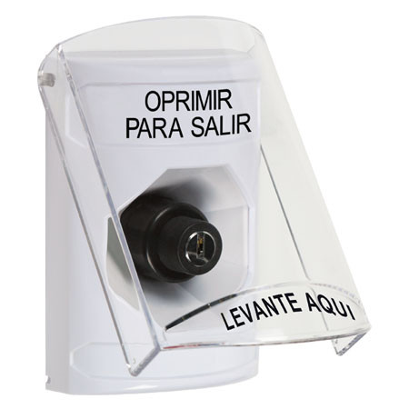 SS2323PX-ES STI White Indoor Only Flush or Surface Key-to-Activate Stopper Station with PUSH TO EXIT Label Spanish