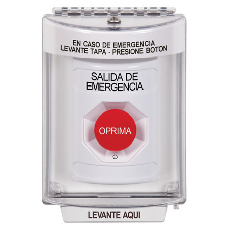 SS2331EX-ES STI White Indoor/Outdoor Flush Turn-to-Reset Stopper Station with EMERGENCY EXIT Label Spanish
