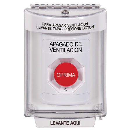 SS2331HV-ES STI White Indoor/Outdoor Flush Turn-to-Reset Stopper Station with HVAC SHUT DOWN Label Spanish