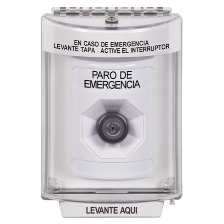 SS2333ES-ES STI White Indoor/Outdoor Flush Key-to-Activate Stopper Station with EMERGENCY STOP Label Spanish