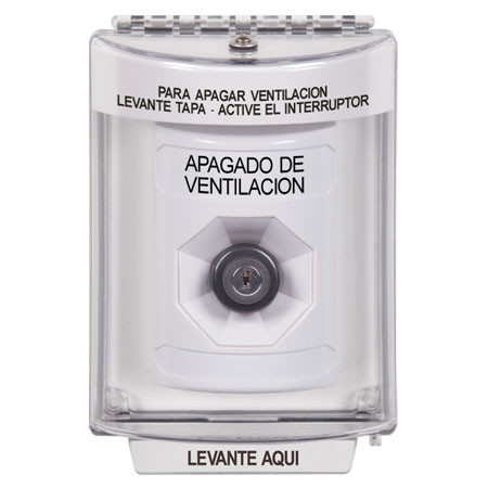 SS2333HV-ES STI White Indoor/Outdoor Flush Key-to-Activate Stopper Station with HVAC SHUT DOWN Label Spanish