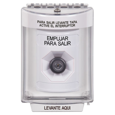 SS2333PX-ES STI White Indoor/Outdoor Flush Key-to-Activate Stopper Station with PUSH TO EXIT Label Spanish