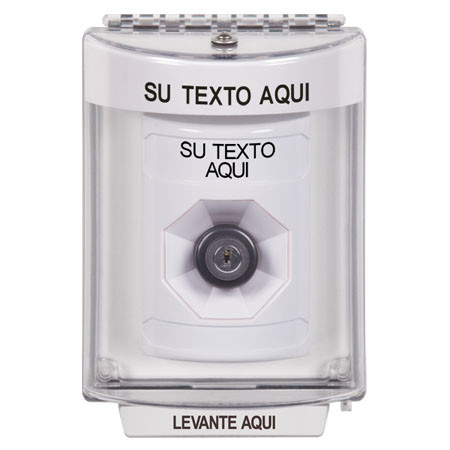 SS2333ZA-ES STI White Indoor/Outdoor Flush Key-to-Activate Stopper Station with Non-Returnable Custom Text Label Spanish