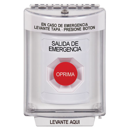 SS2334EX-ES STI White Indoor/Outdoor Flush Momentary Stopper Station with EMERGENCY EXIT Label Spanish