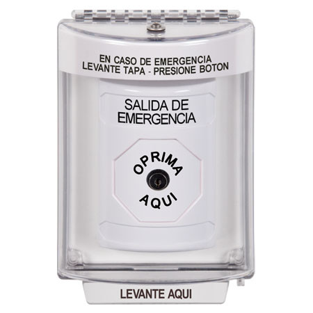 SS2340EX-ES STI White Indoor/Outdoor Flush w/ Horn Key-to-Reset Stopper Station with EMERGENCY EXIT Label Spanish