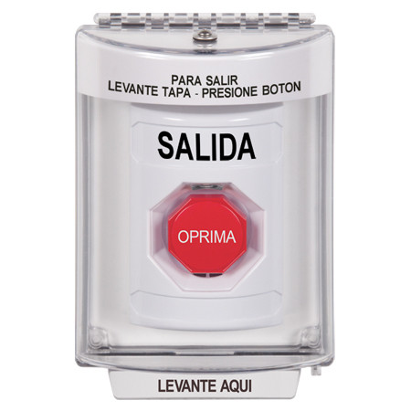 SS2348XT-ES STI White Indoor/Outdoor Flush w/ Horn Pneumatic (Illuminated) Stopper Station with EXIT Label Spanish
