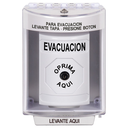 SS2370EV-ES STI White Indoor/Outdoor Surface Key-to-Reset Stopper Station with EVACUATION Label Spanish