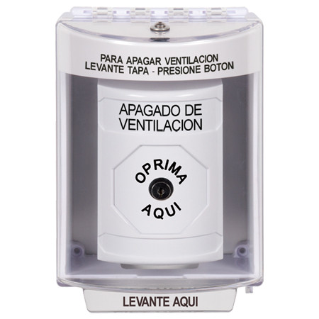 SS2370HV-ES STI White Indoor/Outdoor Surface Key-to-Reset Stopper Station with HVAC SHUT DOWN Label Spanish