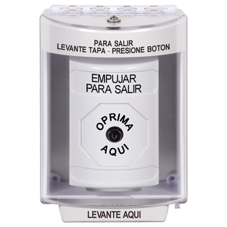 SS2370PX-ES STI White Indoor/Outdoor Surface Key-to-Reset Stopper Station with PUSH TO EXIT Label Spanish