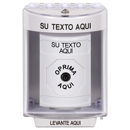 SS2370ZA-ES STI White Indoor/Outdoor Surface Key-to-Reset Stopper Station with Non-Returnable Custom Text Label Spanish