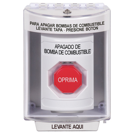 SS2372PS-ES STI White Indoor/Outdoor Surface Key-to-Reset (Illuminated) Stopper Station with FUEL PUMP SHUT DOWN Label Spanish