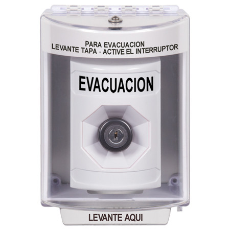 SS2373EV-ES STI White Indoor/Outdoor Surface Key-to-Activate Stopper Station with EVACUATION Label Spanish