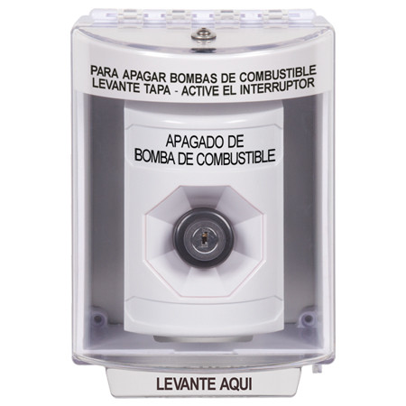 SS2373PS-ES STI White Indoor/Outdoor Surface Key-to-Activate Stopper Station with FUEL PUMP SHUT DOWN Label Spanish