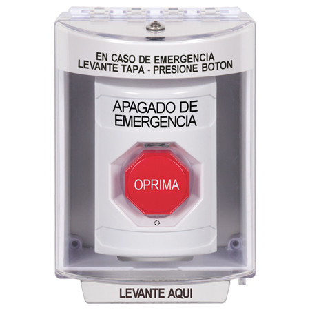 SS2379PO-ES STI White Indoor/Outdoor Surface Turn-to-Reset (Illuminated) Stopper Station with EMERGENCY POWER OFF Label Spanish