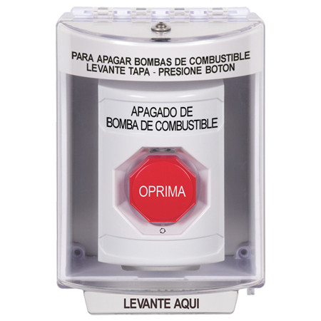 SS2379PS-ES STI White Indoor/Outdoor Surface Turn-to-Reset (Illuminated) Stopper Station with FUEL PUMP SHUT DOWN Label Spanish