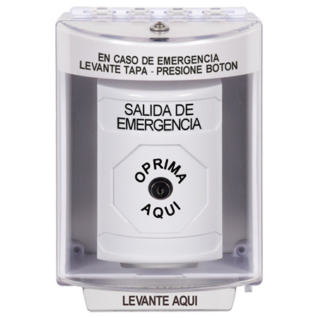 SS2380EX-ES STI White Indoor/Outdoor Surface w/ Horn Key-to-Reset Stopper Station with EMERGENCY EXIT Label Spanish