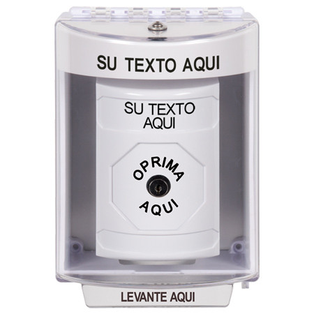 SS2380ZA-ES STI White Indoor/Outdoor Surface w/ Horn Key-to-Reset Stopper Station with Non-Returnable Custom Text Label Spanish