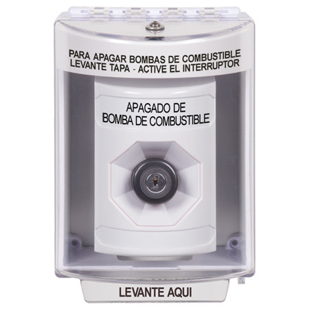 SS2383PS-ES STI White Indoor/Outdoor Surface w/ Horn Key-to-Activate Stopper Station with FUEL PUMP SHUT DOWN Label Spanish