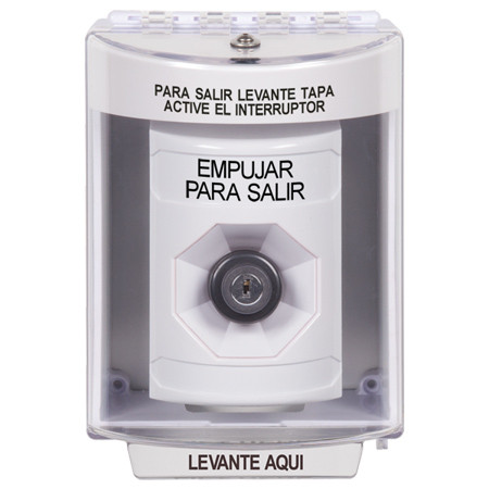 SS2383PX-ES STI White Indoor/Outdoor Surface w/ Horn Key-to-Activate Stopper Station with PUSH TO EXIT Label Spanish