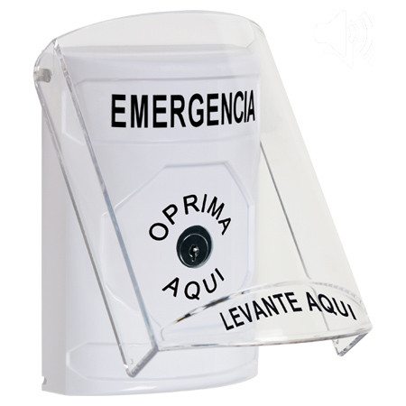 SS23A0EM-ES STI White Indoor Only Flush or Surface w/ Horn Key-to-Reset Stopper Station with EMERGENCY Label Spanish