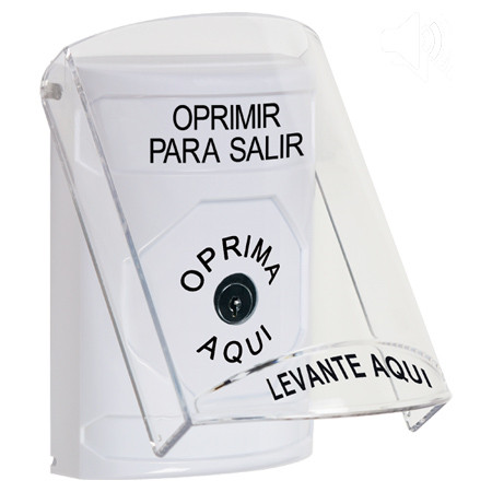 SS23A0PX-ES STI White Indoor Only Flush or Surface w/ Horn Key-to-Reset Stopper Station with PUSH TO EXIT Label Spanish