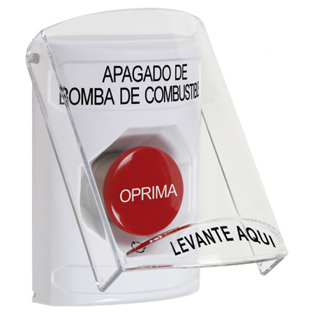 SS23A1PS-ES STI White Indoor Only Flush or Surface w/ Horn Turn-to-Reset Stopper Station with FUEL PUMP SHUT DOWN Label Spanish