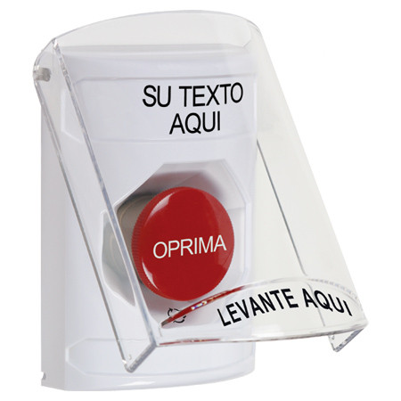 SS23A1ZA-ES STI White Indoor Only Flush or Surface w/ Horn Turn-to-Reset Stopper Station with Non-Returnable Custom Text Label Spanish