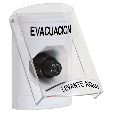 SS23A3EV-ES STI White Indoor Only Flush or Surface w/ Horn Key-to-Activate Stopper Station with EVACUATION Label Spanish
