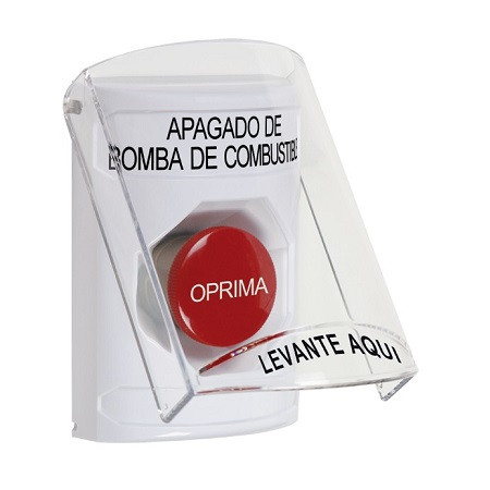 SS23A4PS-ES STI White Indoor Only Flush or Surface w/ Horn Momentary Stopper Station with FUEL PUMP SHUT DOWN Label Spanish