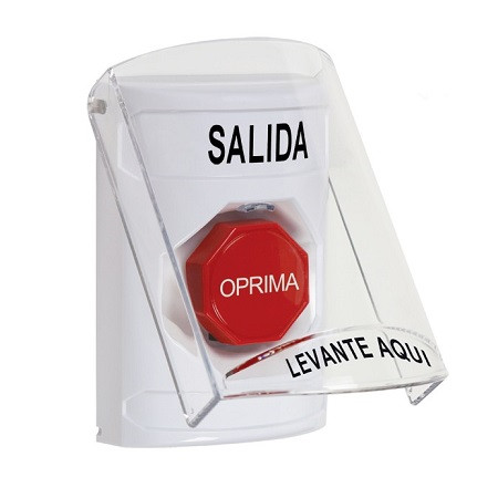 SS23A8XT-ES STI White Indoor Only Flush or Surface w/ Horn Pneumatic (Illuminated) Stopper Station with EXIT Label Spanish