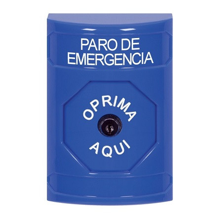 SS2400ES-ES STI Blue No Cover Key-to-Reset Stopper Station with EMERGENCY STOP Label Spanish