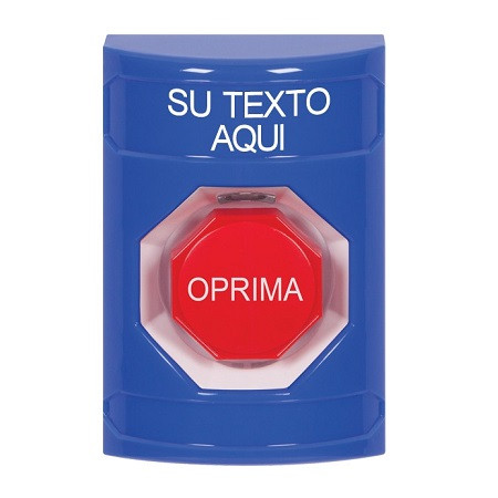 SS2402ZA-ES STI Blue No Cover Key-to-Reset (Illuminated) Stopper Station with Non-Returnable Custom Text Label Spanish
