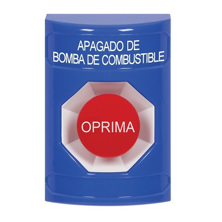 SS2404PS-ES STI Blue No Cover Momentary Stopper Station with FUEL PUMP SHUT DOWN Label Spanish