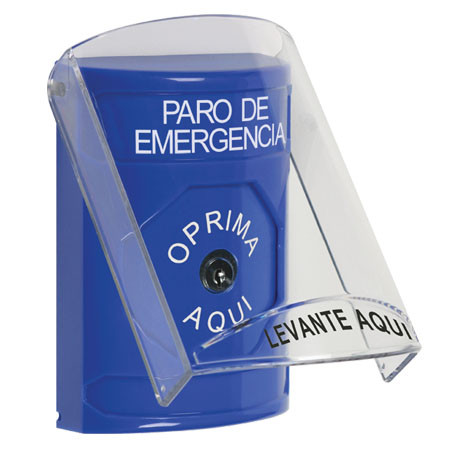 SS2420ES-ES STI Blue Indoor Only Flush or Surface Key-to-Reset Stopper Station with EMERGENCY STOP Label Spanish