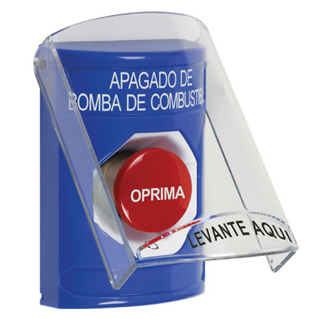 SS2421PS-ES STI Blue Indoor Only Flush or Surface Turn-to-Reset Stopper Station with FUEL PUMP SHUT DOWN Label Spanish