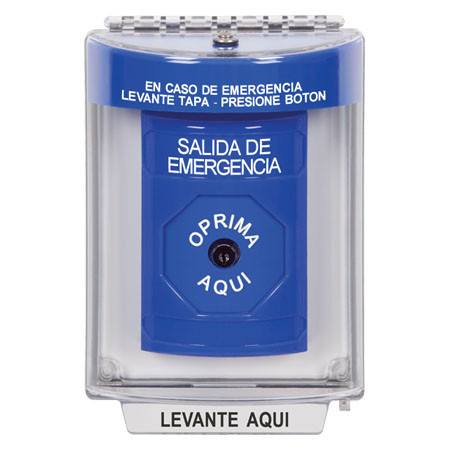 SS2430EX-ES STI Blue Indoor/Outdoor Flush Key-to-Reset Stopper Station with EMERGENCY EXIT Label Spanish