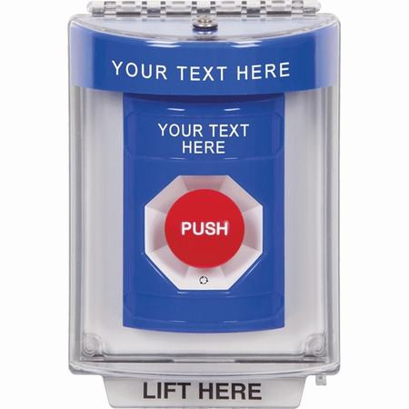 SS2431ZA-ES STI Blue Indoor/Outdoor Flush Turn-to-Reset Stopper Station with Non-Returnable Custom Text Label Spanish