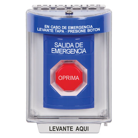 SS2432EX-ES STI Blue Indoor/Outdoor Flush Key-to-Reset (Illuminated) Stopper Station with EMERGENCY EXIT Label Spanish