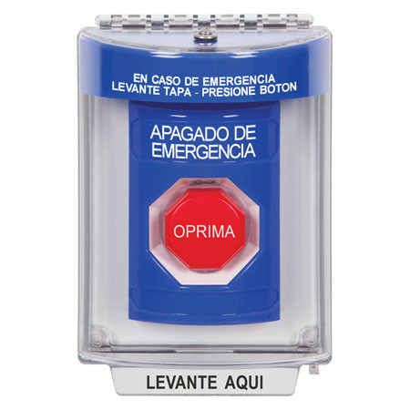SS2432PO-ES STI Blue Indoor/Outdoor Flush Key-to-Reset (Illuminated) Stopper Station with EMERGENCY POWER OFF Label Spanish