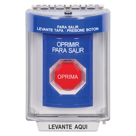 SS2432PX-ES STI Blue Indoor/Outdoor Flush Key-to-Reset (Illuminated) Stopper Station with PUSH TO EXIT Label Spanish