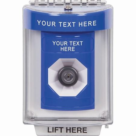 SS2433ZA-ES STI Blue Indoor/Outdoor Flush Key-to-Activate Stopper Station with Non-Returnable Custom Text Label Spanish