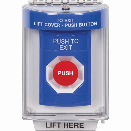 SS2434PX-ES STI Blue Indoor/Outdoor Flush Momentary Stopper Station with PUSH TO EXIT Label Spanish