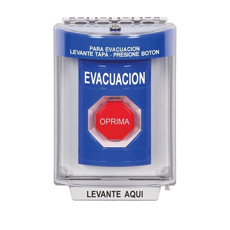 SS2442EV-ES STI Blue Indoor/Outdoor Flush w/ Horn Key-to-Reset (Illuminated) Stopper Station with EVACUATION Label Spanish