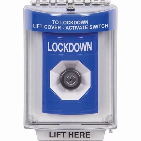 SS2443LD-ES STI Blue Indoor/Outdoor Flush w/ Horn Key-to-Activate Stopper Station with LOCKDOWN Label Spanish