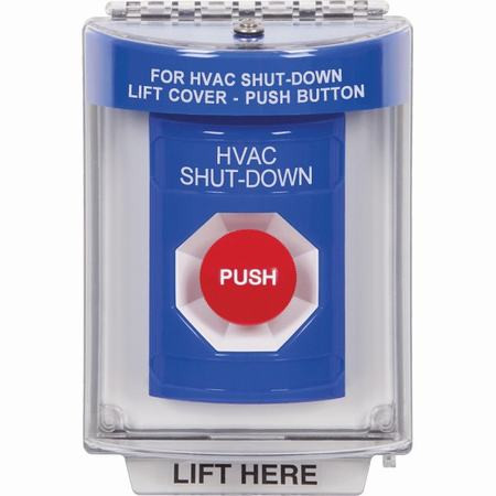 SS2444HV-ES STI Blue Indoor/Outdoor Flush w/ Horn Momentary Stopper Station with HVAC SHUT DOWN Label Spanish
