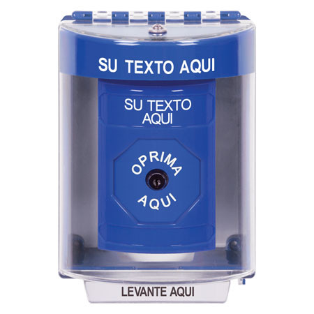 SS2470ZA-ES STI Blue Indoor/Outdoor Surface Key-to-Reset Stopper Station with Non-Returnable Custom Text Label Spanish