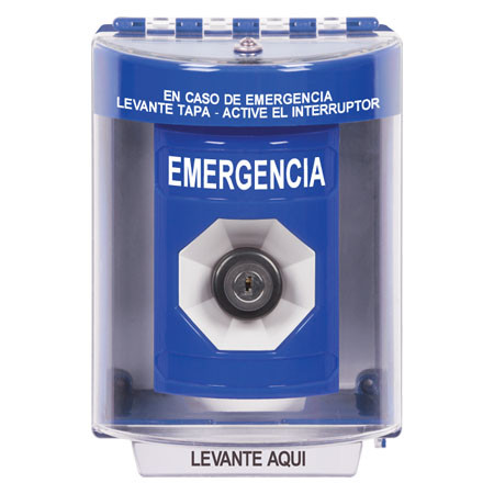SS2473EM-ES STI Blue Indoor/Outdoor Surface Key-to-Activate Stopper Station with EMERGENCY Label Spanish