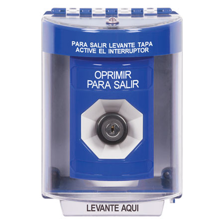 SS2473PX-ES STI Blue Indoor/Outdoor Surface Key-to-Activate Stopper Station with PUSH TO EXIT Label Spanish