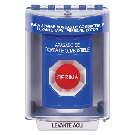 SS2474PS-ES STI Blue Indoor/Outdoor Surface Momentary Stopper Station with FUEL PUMP SHUT DOWN Label Spanish