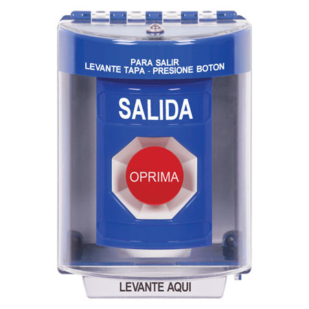 SS2474XT-ES STI Blue Indoor/Outdoor Surface Momentary Stopper Station with EXIT Label Spanish